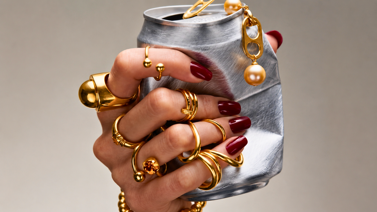 Brincos chamativos, chunky chains e anéis bold.