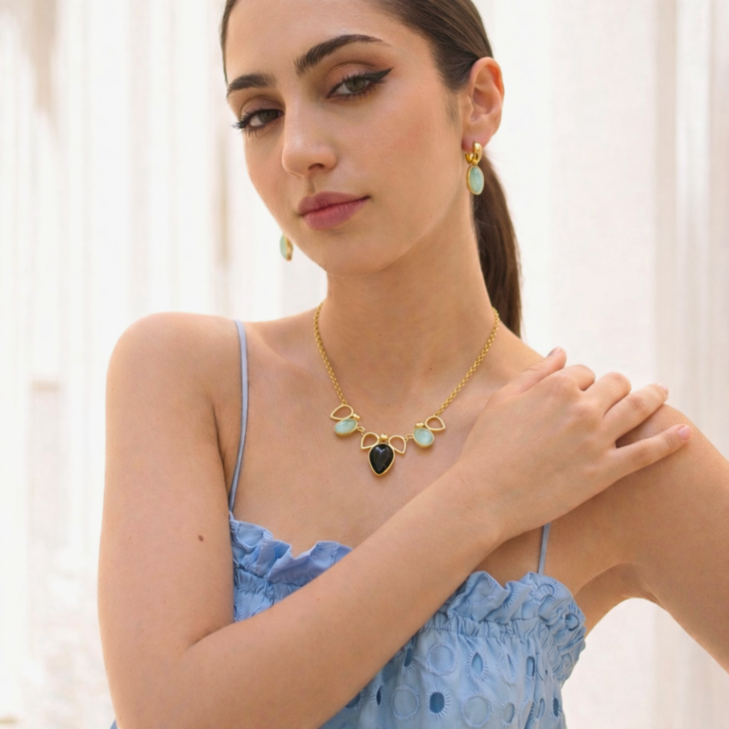 CONJUNTO AZUL CÉU E OBSIDIANA FUME - REVESTIDO A OURO 18K