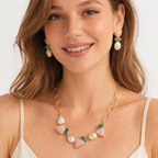 CONJUNTO QUARTZO ROSA, QUARTZO VERDE E PÉROLA - REVESTIDO A OURO 18K