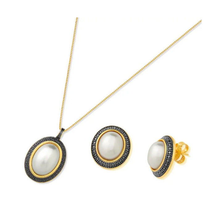 CONJUNTO PÉROLA COM RÓDIO - BANHO OURO