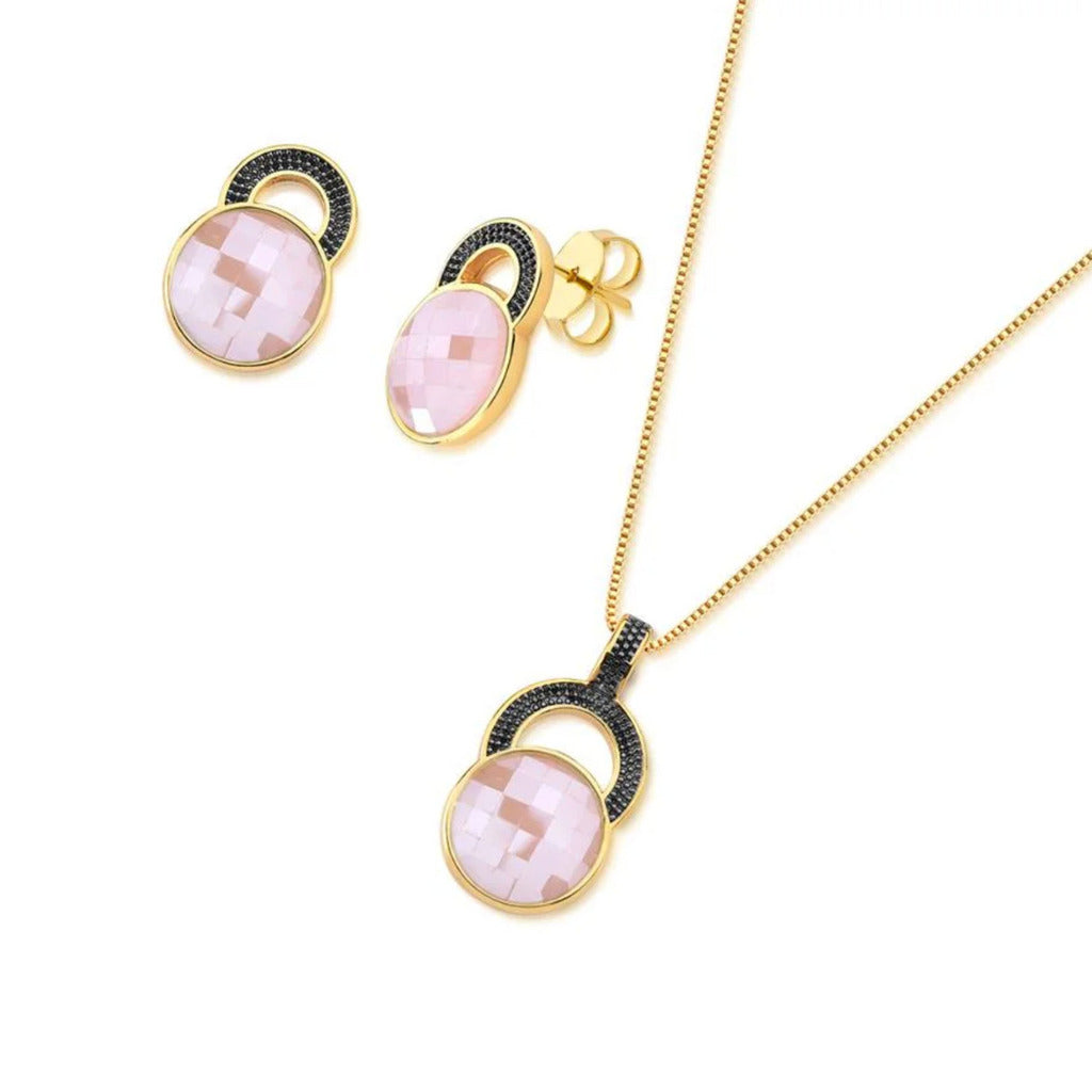 CONJUNTO QUARTZO ROSA - REVESTIDO A OURO 18K E RÓDIO NEGRO