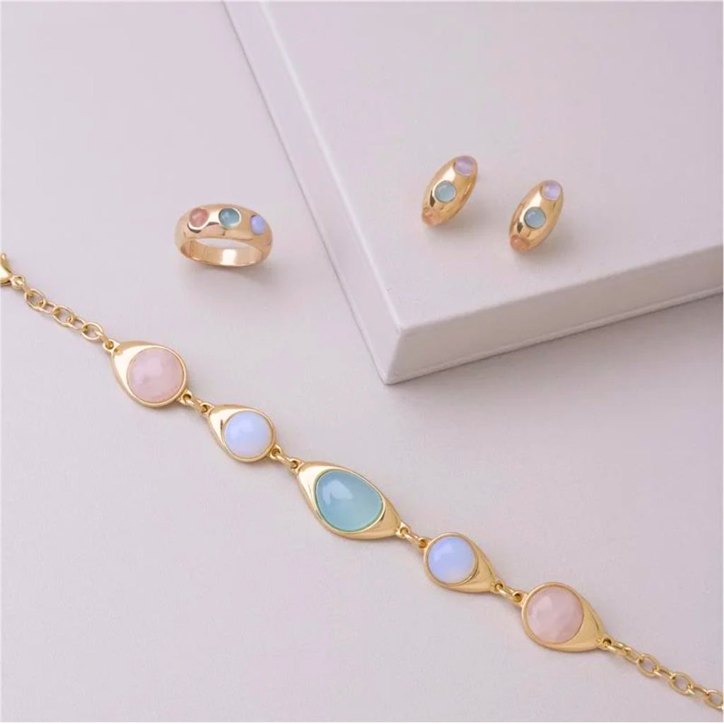 PULSEIRA COM PEDRA DA LUA, QUARTZO ROSA E AGATA AZUL CÉU - BANHADA A OURO 18K (PL110.D)