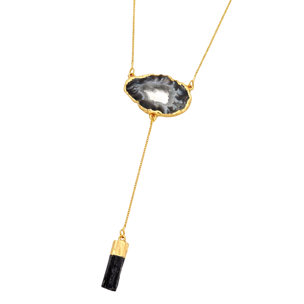 COLAR DE GEODO DE ÁGATA E PONTA DE TURMALINA NEGRA - REVESTIDO A OURO 18K