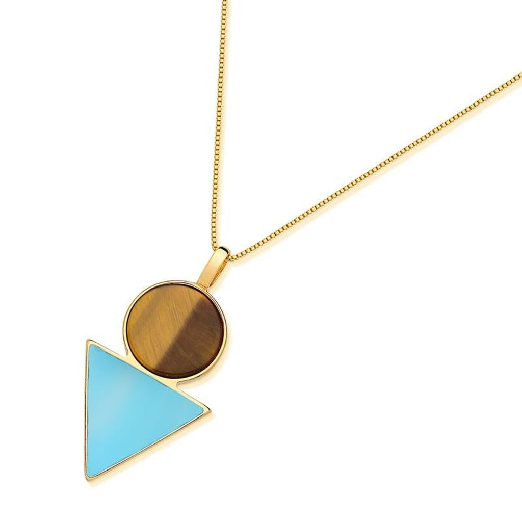 COLAR GEOMÉTRICO OLHO DE TIGRE E ÁGATA AZUL - REVESTIDO A OURO 18K