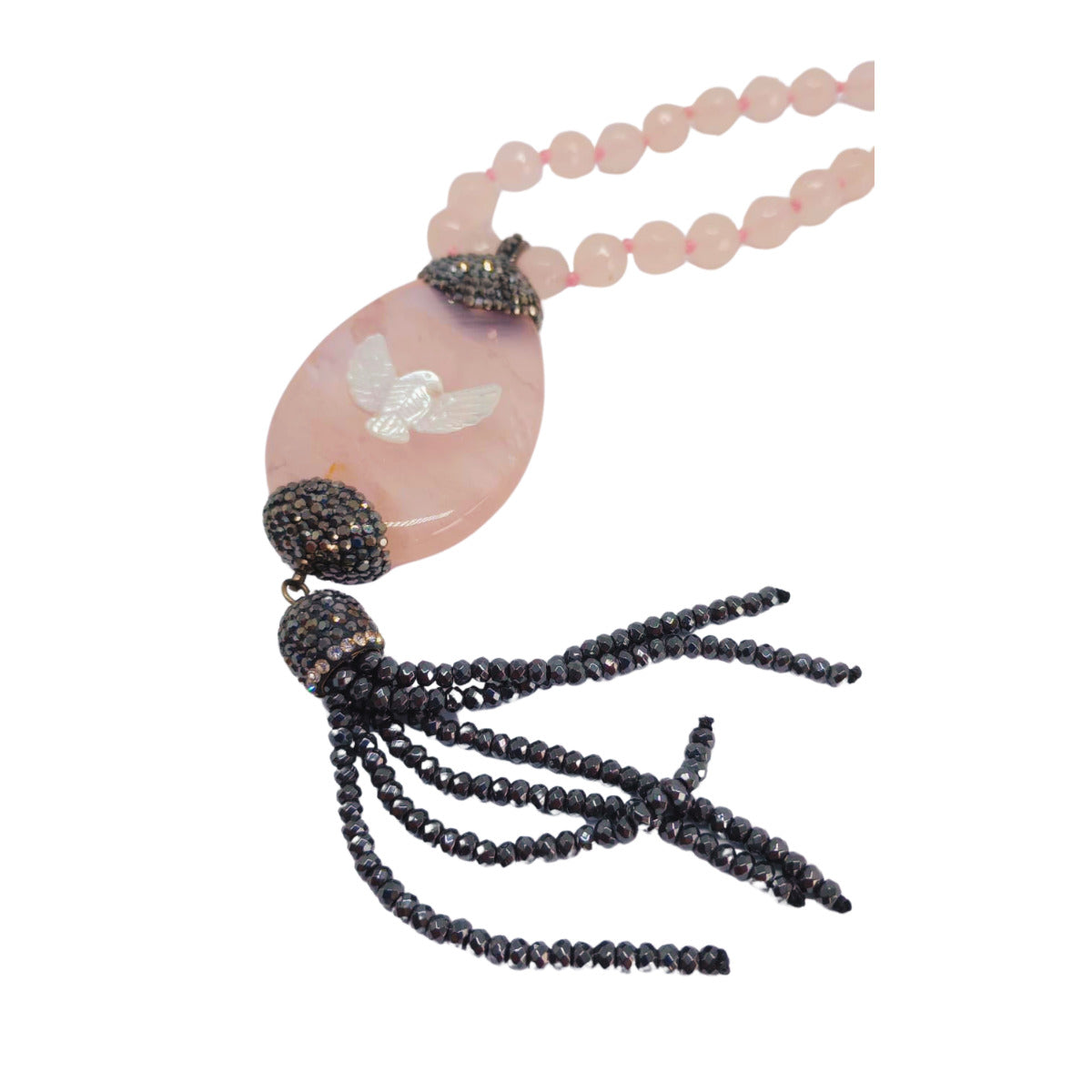 COLAR E PINGENTE DE QUARTZO ROSA E MADREPÉROLA