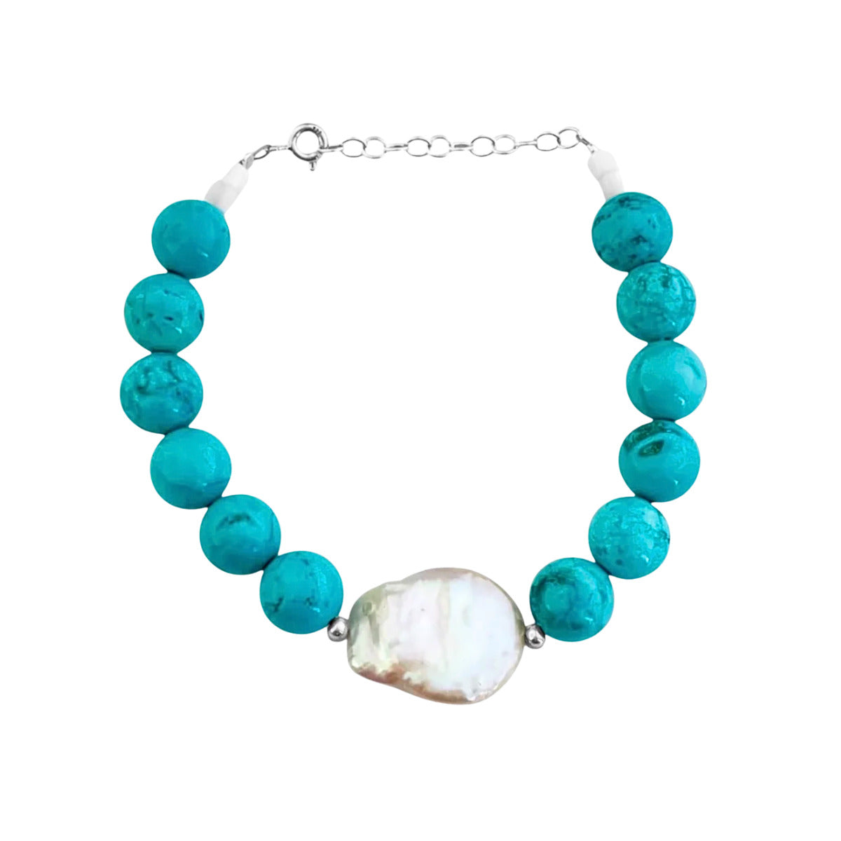 PULSEIRA TURQUESA AZUL E PÉROLA BIWA COM PRATA 925