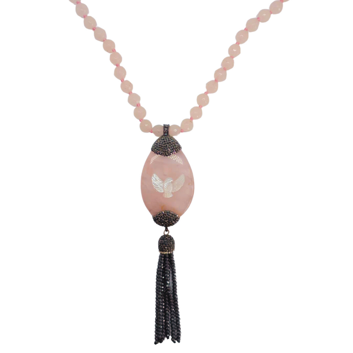COLAR E PINGENTE DE QUARTZO ROSA E MADREPÉROLA