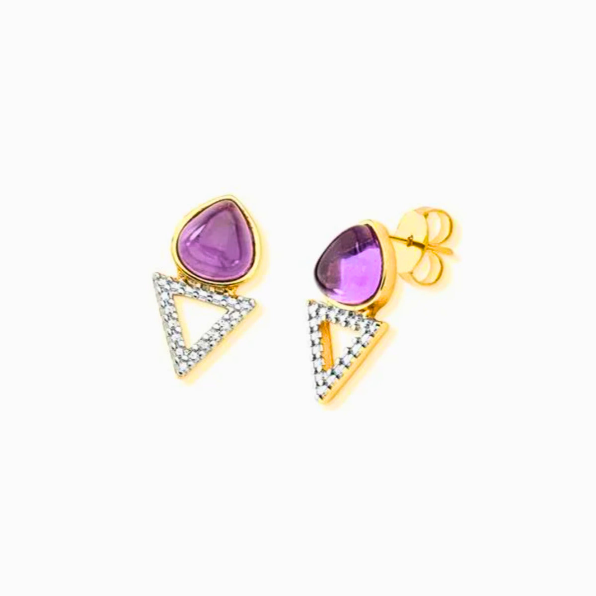BRINCO AMETISTA COM TRIÂNGULO - REVESTIDO A OURO 18K E RÓDIO BRANCO