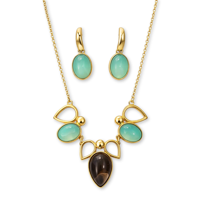CONJUNTO AZUL CÉU E OBSIDIANA FUME - REVESTIDO A OURO 18K