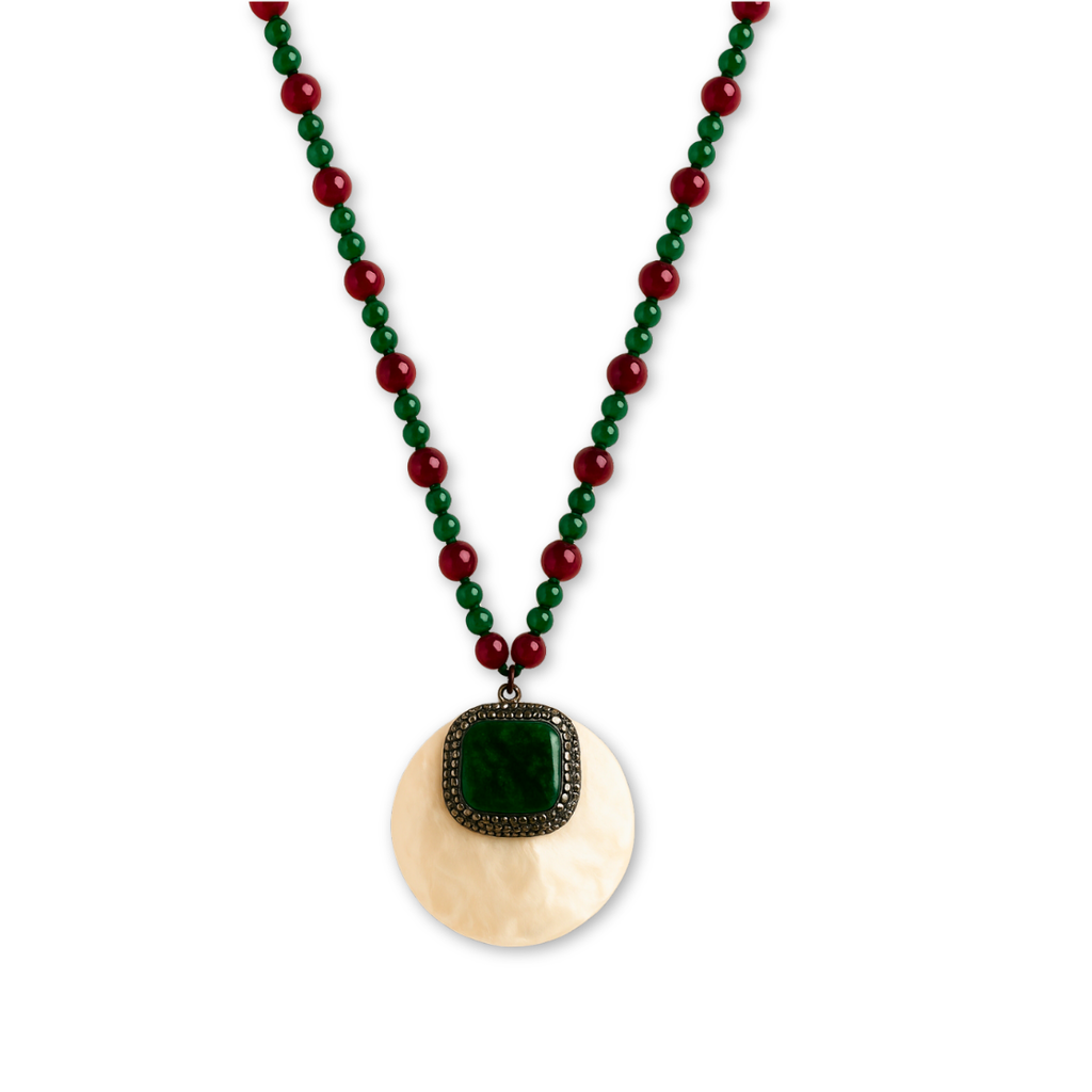 COLAR DE JADE VERDE E VERMELHA COM PINGENTE MADREPÉROLA