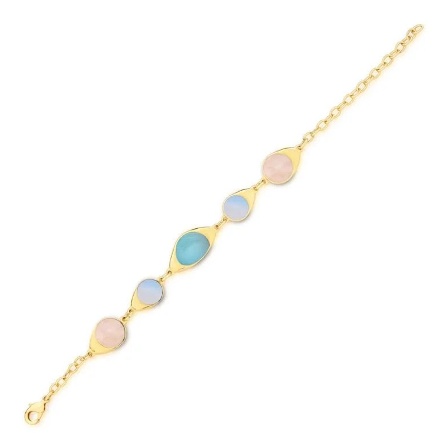 PULSEIRA COM PEDRA DA LUA, QUARTZO ROSA E AGATA AZUL CÉU - BANHADA A OURO 18K (PL110.D)