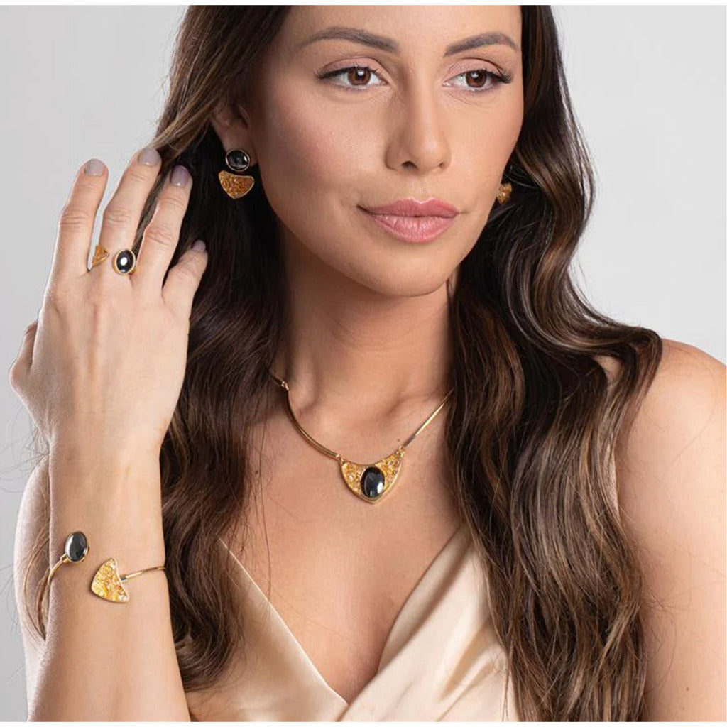 BRACELETE DE HEMATITA OVAL E CITRINO - REVESTIDA A OURO 18K
