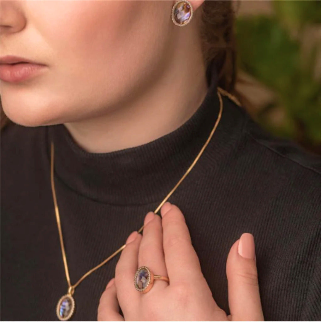 CONJUNTO DE ABALONE OVALADO COM RÓDIO BRANCO - REVESTIDO A OURO 18K
