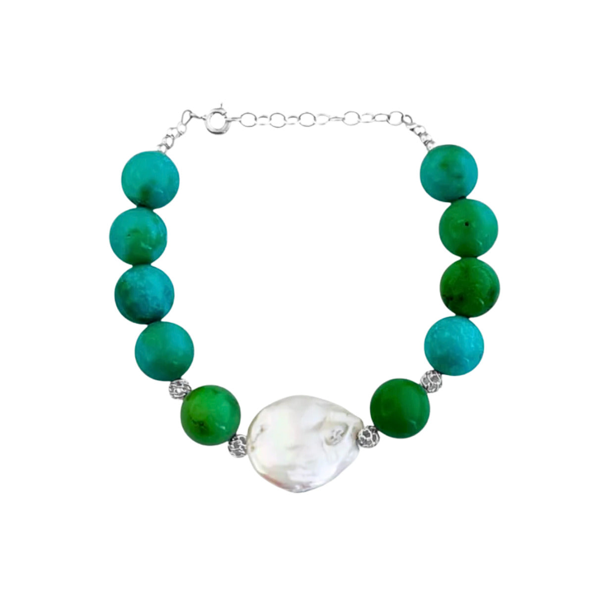 PULSEIRA COM TURQUESA ZIAN E PÉROLA BIWA EM PRATA 925