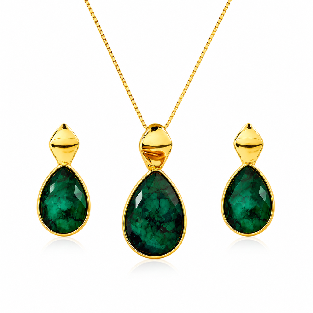 CONJUNTO ESMERALDA FORMATO GOTA - REVESTIDO A OURO 18K