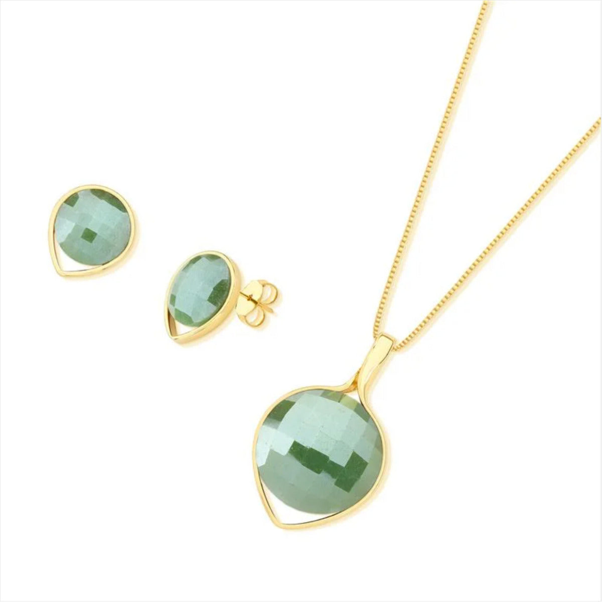 CONJUNTO QUARTZO VERDE FACETADO - BANHO OURO