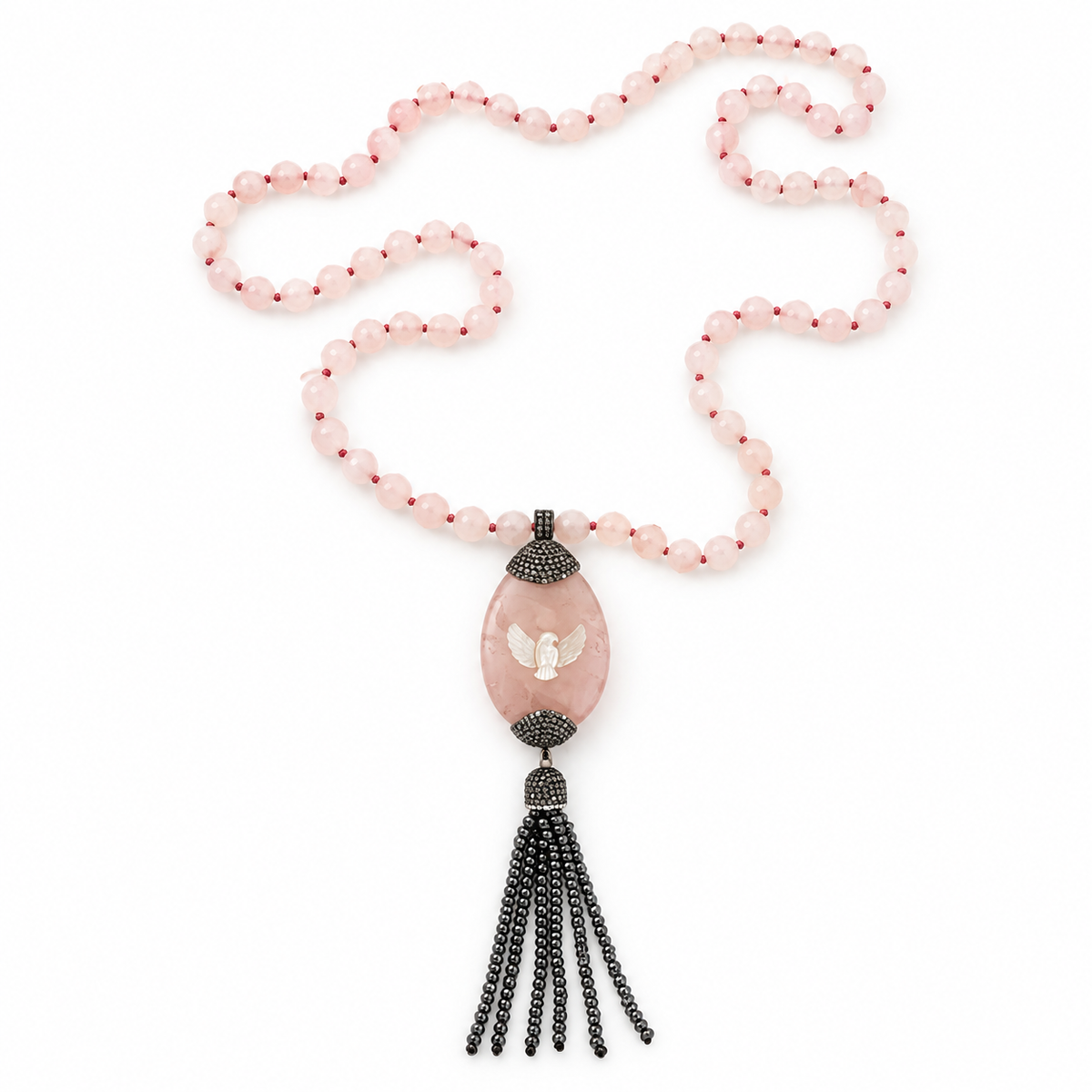 COLAR E PINGENTE DE QUARTZO ROSA E MADREPÉROLA