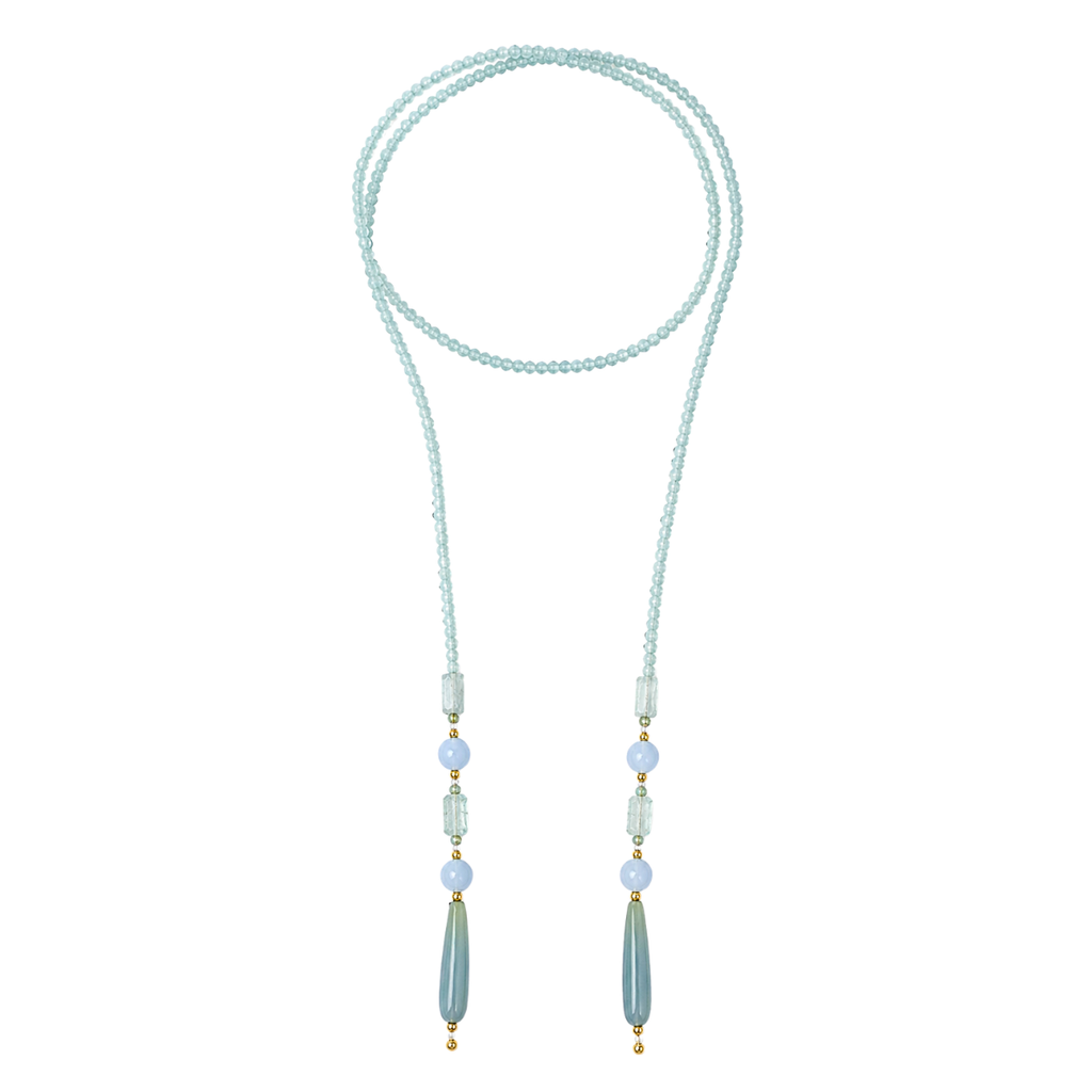COLAR PASHIMINA DE ÁGUA MARINHA, ANGELITA E JADE AZUL BEBÊ