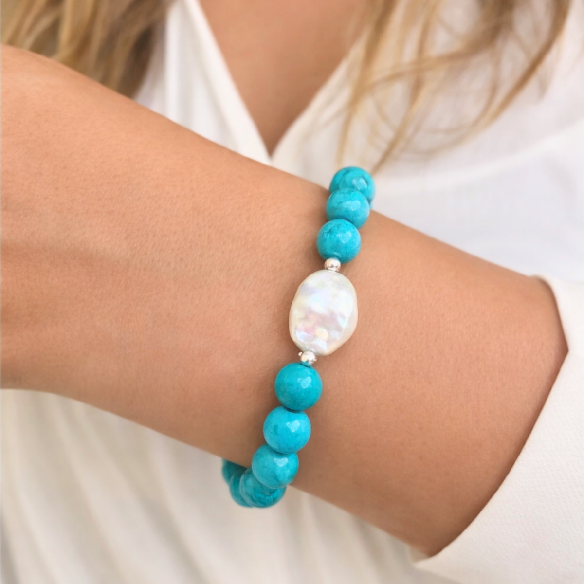 PULSEIRA TURQUESA AZUL E PÉROLA BIWA COM PRATA 925