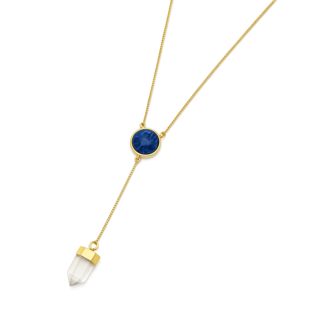 COLAR SODALITA E CRISTAL - REVESTIDO A OURO 18k