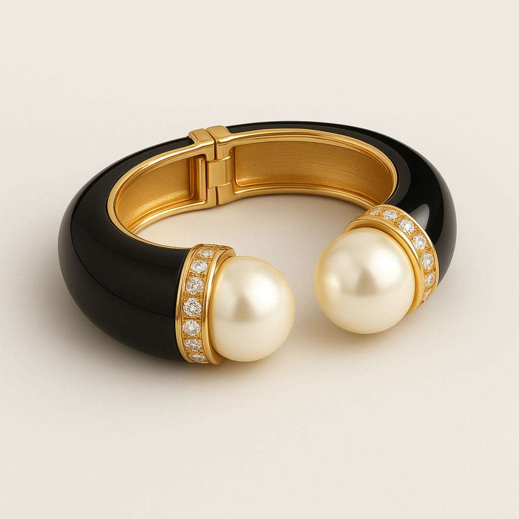 BRACELETE GLAMOUR BLACK COM PÉROLA - REVESTIDO A OURO 18K
