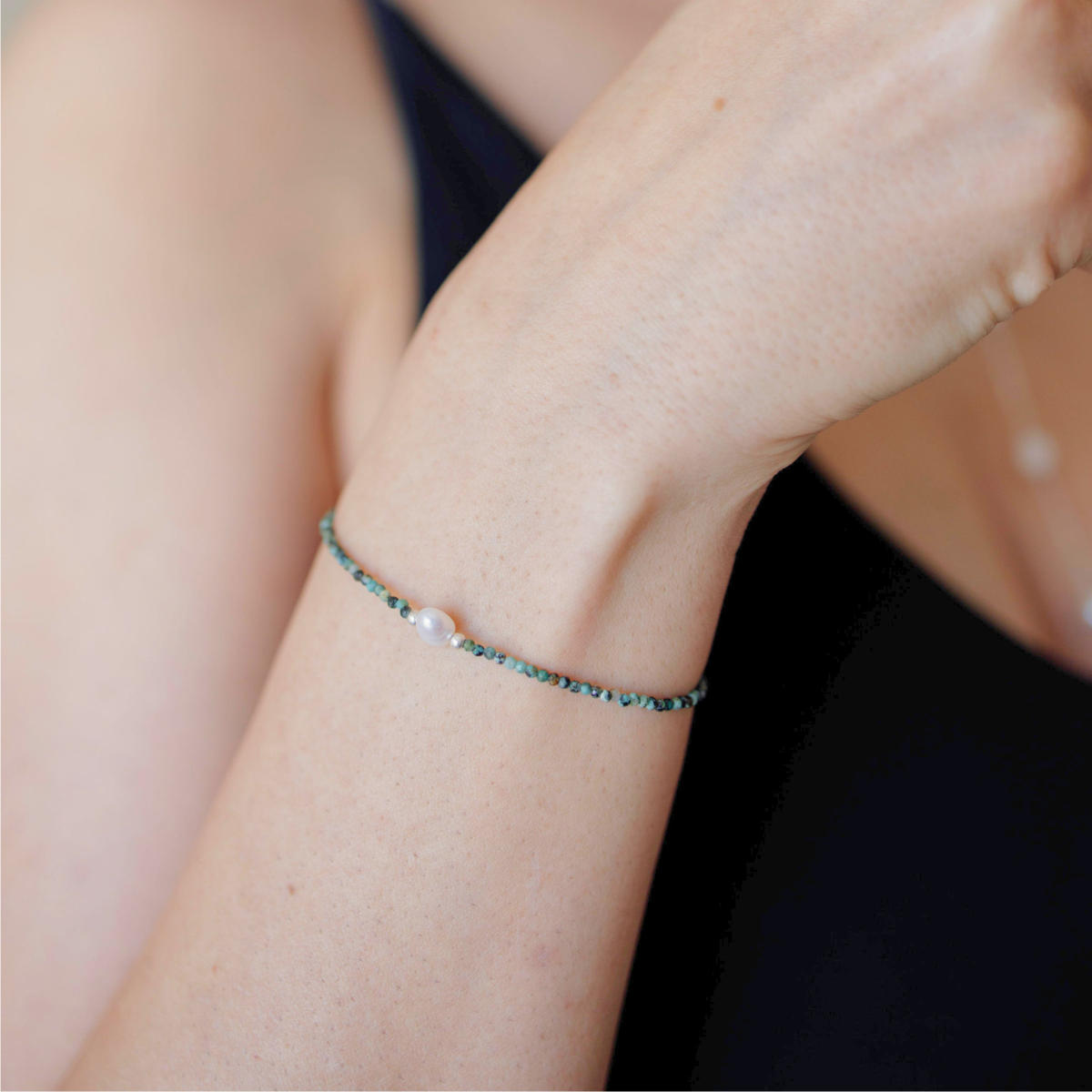 PULSEIRA DE TURQUESA AFRICANA COM PÉROLA - PRATA 925