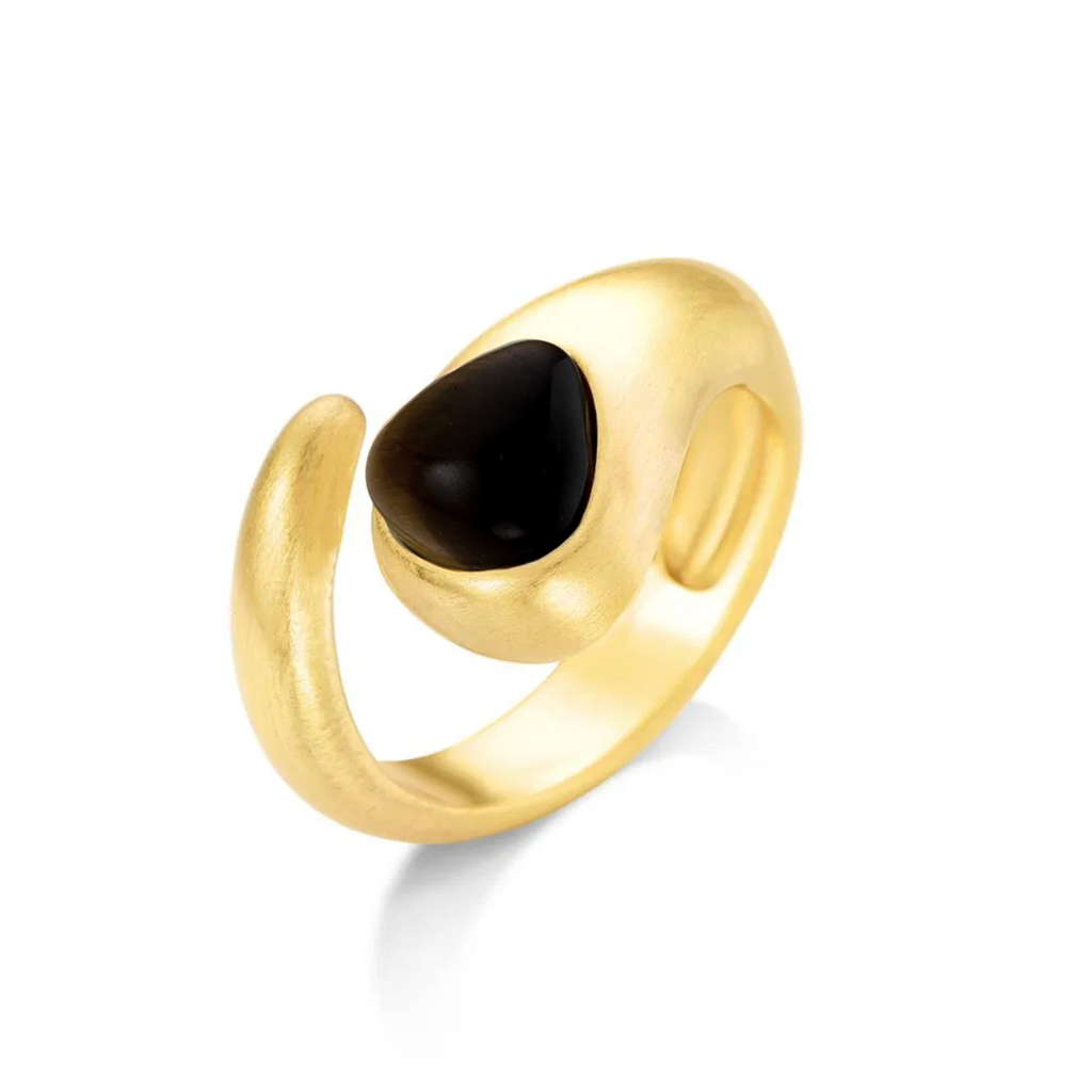 ANEL CORA COM AGATA PRETA - BANHADO A OURO 18K