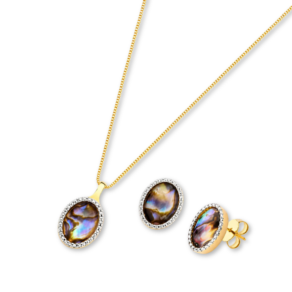 CONJUNTO DE ABALONE OVALADO COM RÓDIO BRANCO - REVESTIDO A OURO 18K