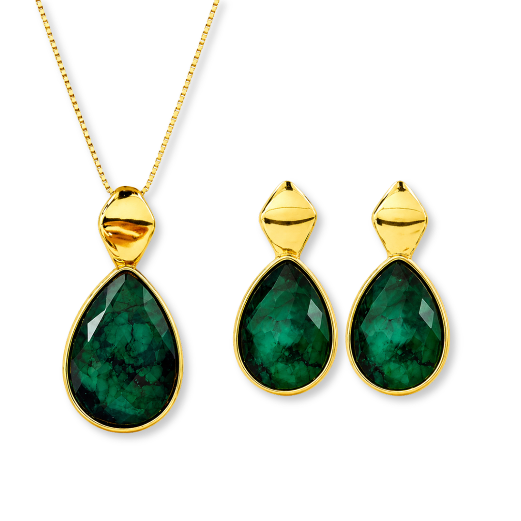 CONJUNTO ESMERALDA FORMATO GOTA - REVESTIDO A OURO 18K