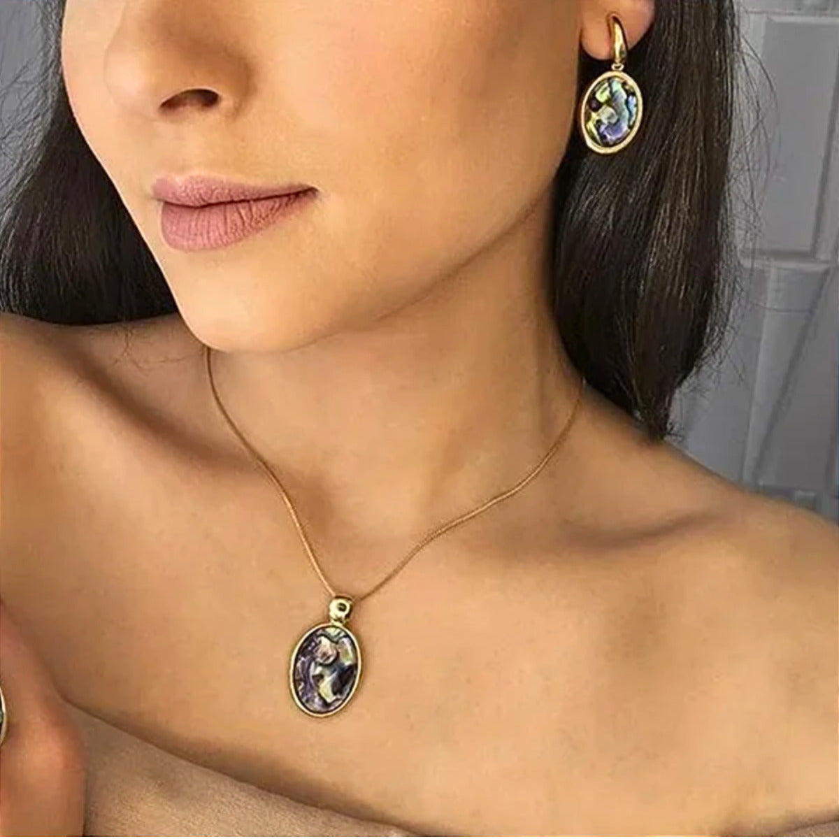 CONJUNTO OVAL ABALONE - BANHO OURO