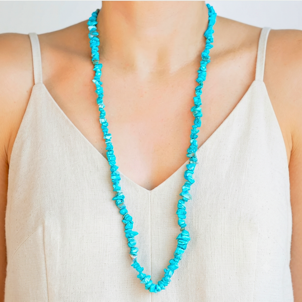 COLAR DE CASCALHO TURQUESA AZUL LONGO - PRATA 925