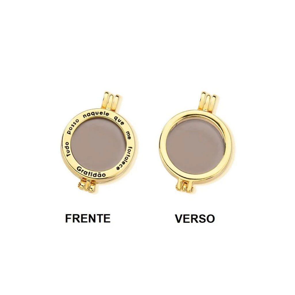 CONJUNTO RELICÁRIO TUDO POSSO NAQUELE QUE ME FORTALECE - BANHADO A OURO 18k