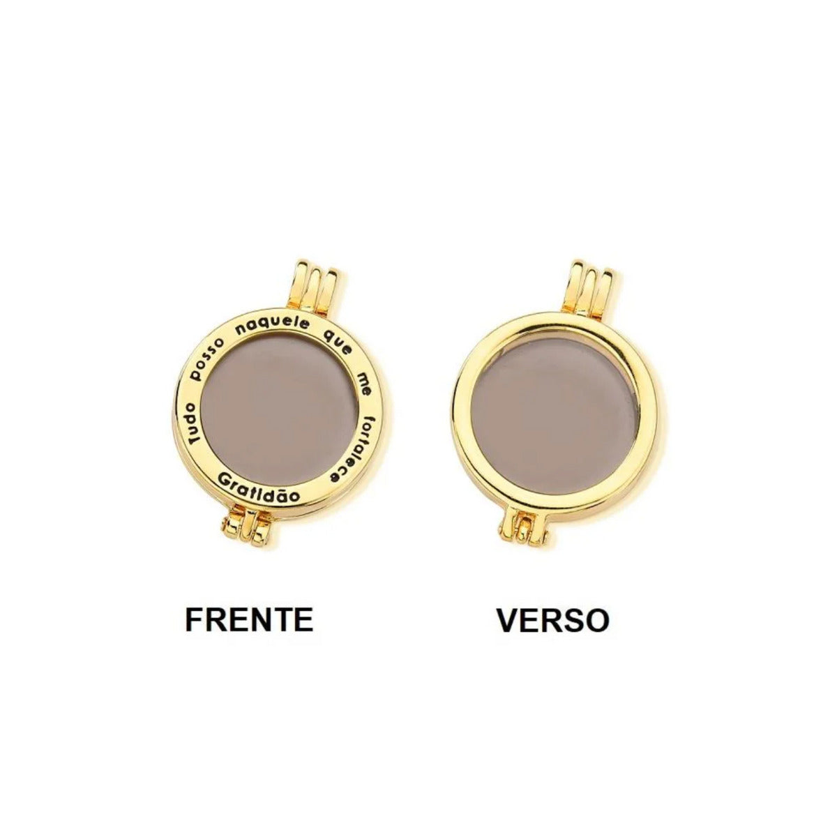 CONJUNTO RELICÁRIO TUDO POSSO NAQUELE QUE ME FORTALECE - BANHADO A OURO 18k