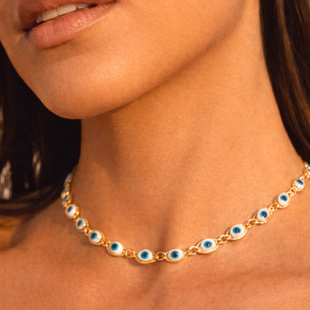 COLAR OLHO TURCO AZUL CLARO - BANHADO A OURO 18K