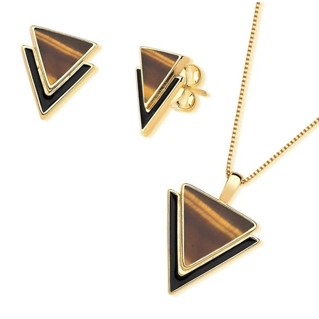 CONJUNTO GEOMÉTRICO COM OLHO DE TIGRE - REVESTIDO A OURO 18K