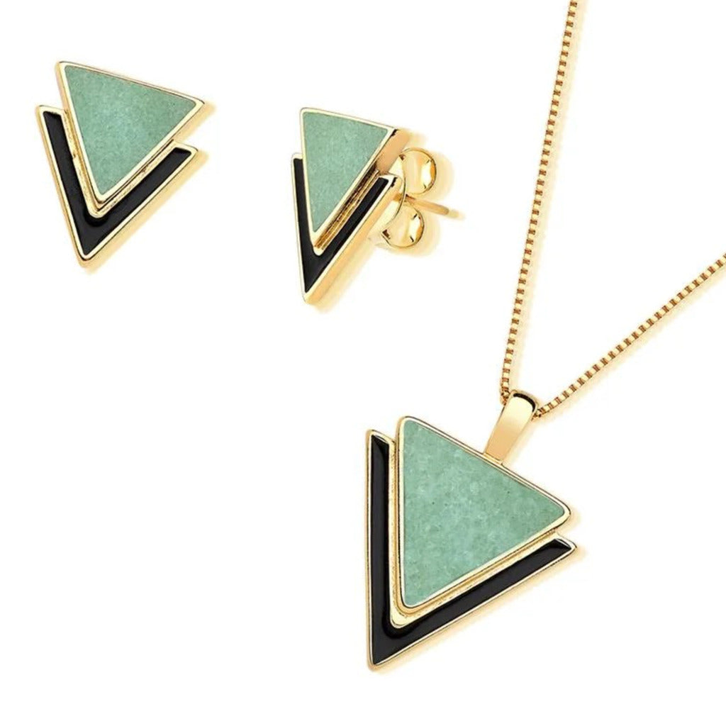 CONJUNTO GEOMÉTRICO COM QUARTZO VERDE - REVESTIDO A OURO 18K