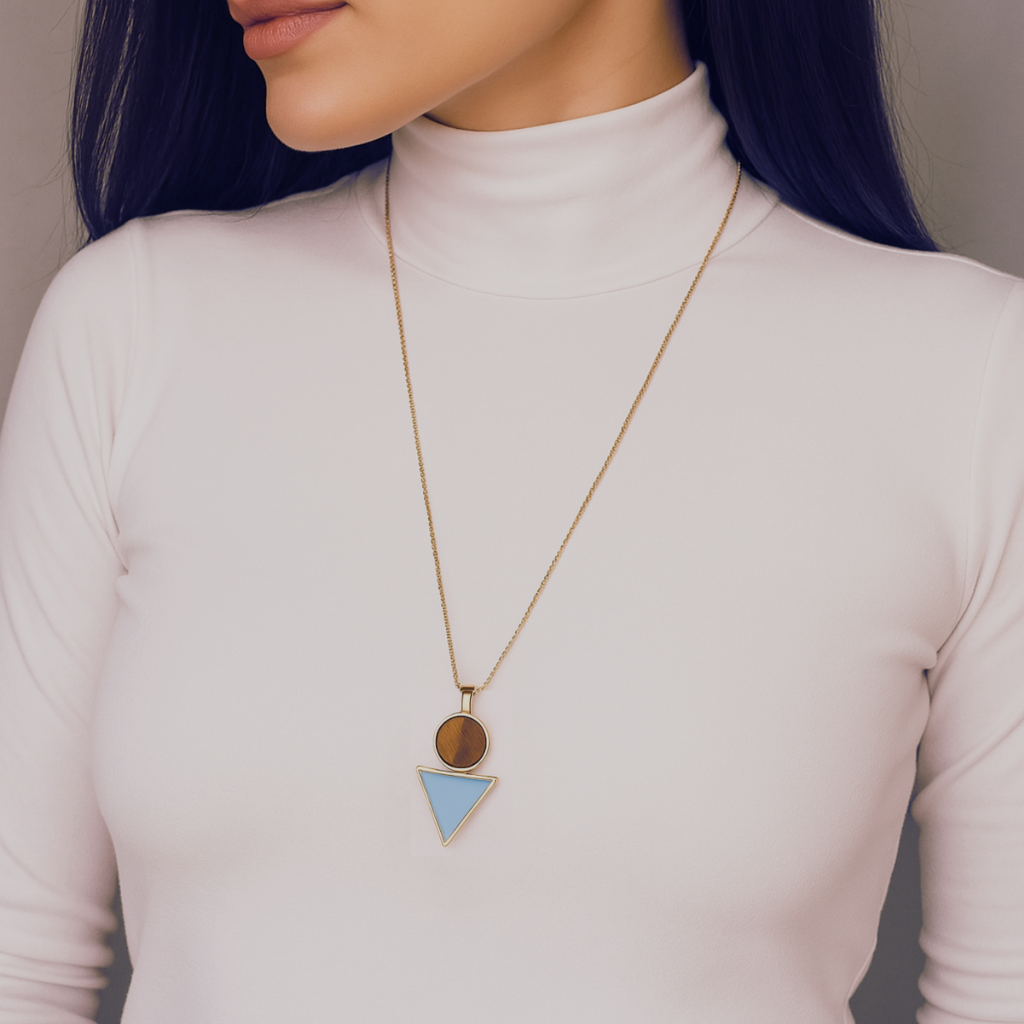 COLAR GEOMÉTRICO OLHO DE TIGRE E ÁGATA AZUL - REVESTIDO A OURO 18K