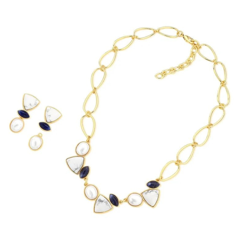 CONJUNTO FUSION HOWLITA, SODALITA E PÉROLA - REVESTIDO A OURO