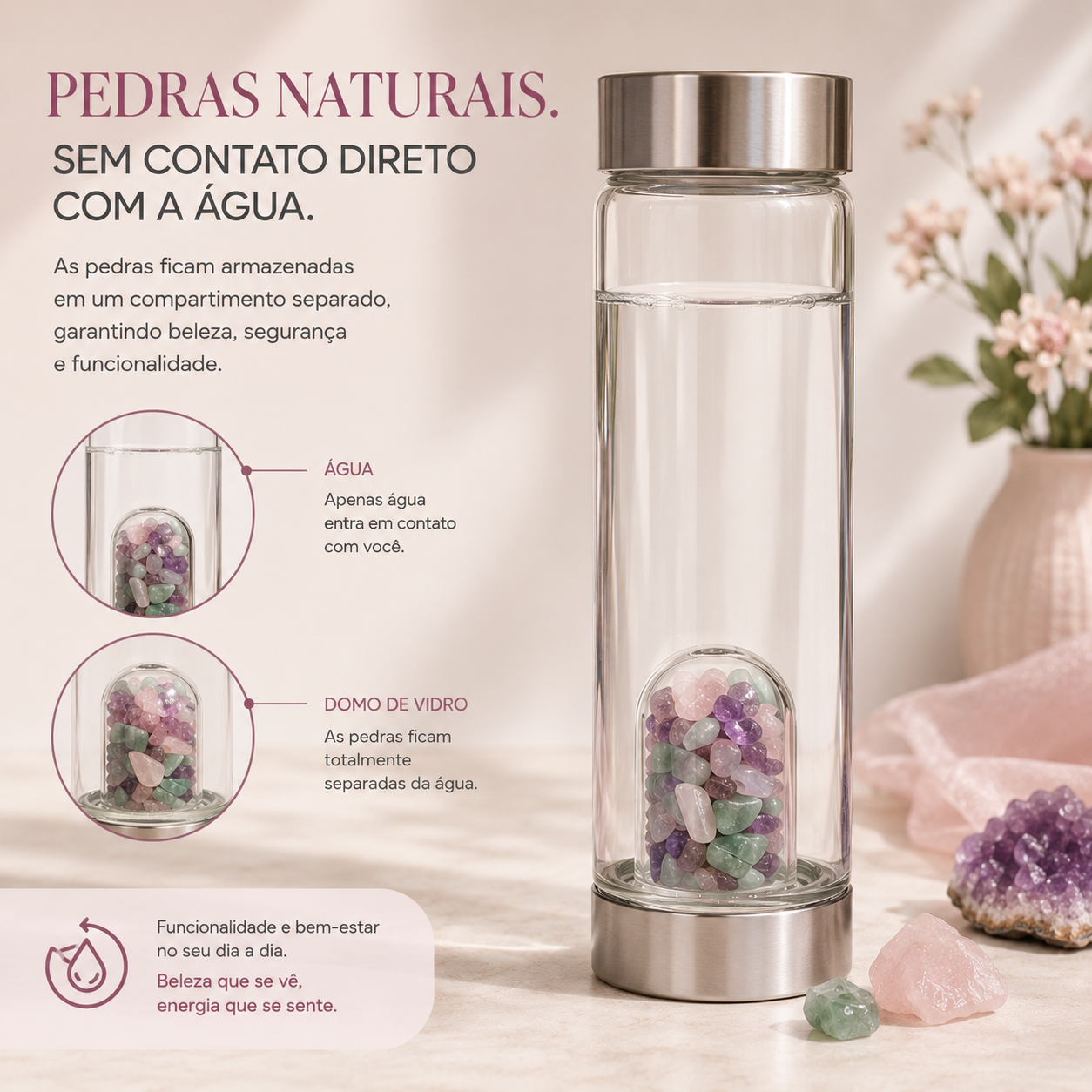 GARRAFA VIBRAÇÕES DO AMOR | PEDRAS NATURAIS